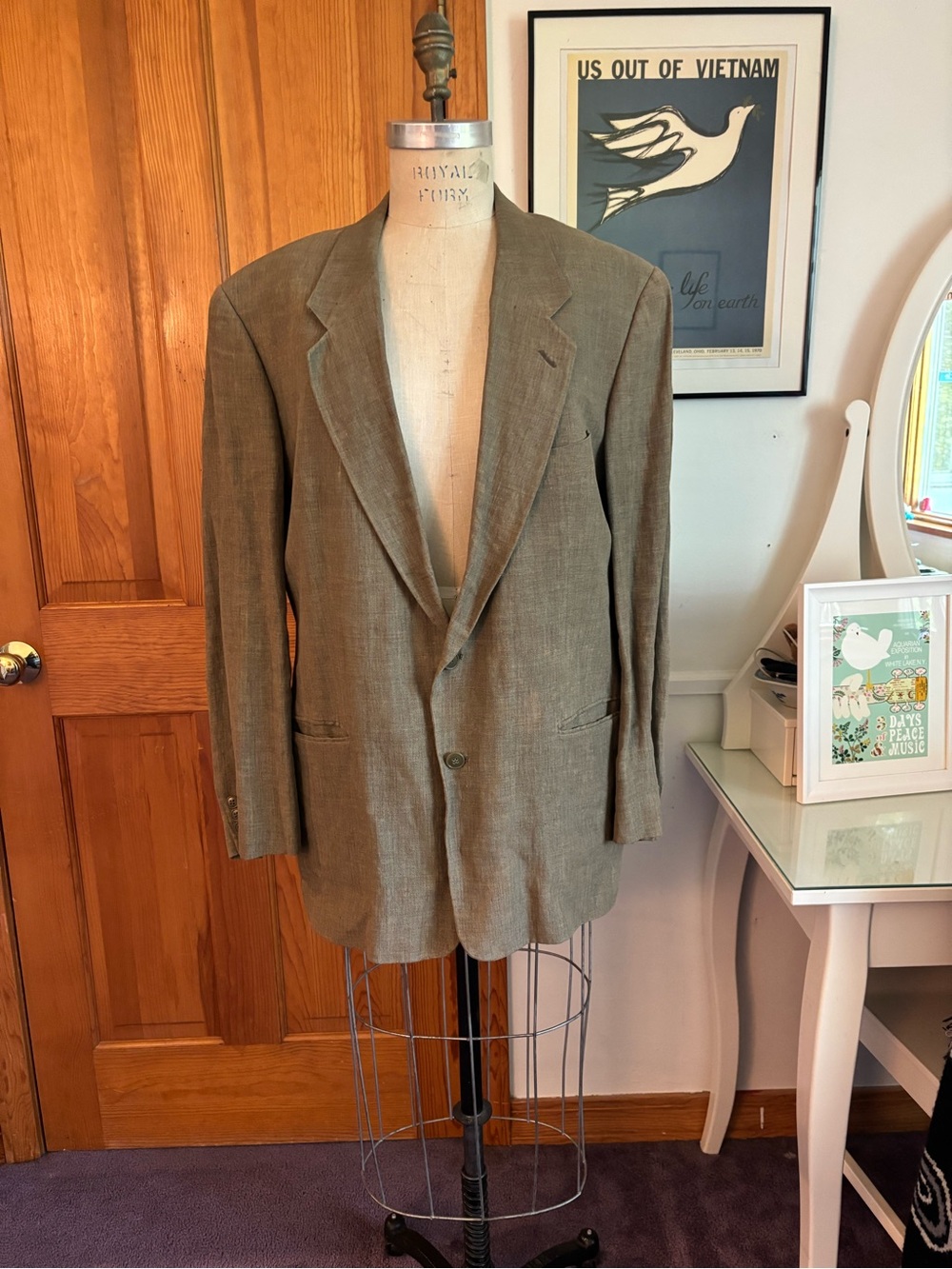 VIntage Men's Pale Olive Green Linen-Blend Blazer